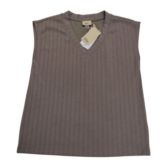 Elie Tahari Womens Sleeveless V-Neck Ribbed Knit Top M Taupe Polyester Blend. - Picture 1 of 6